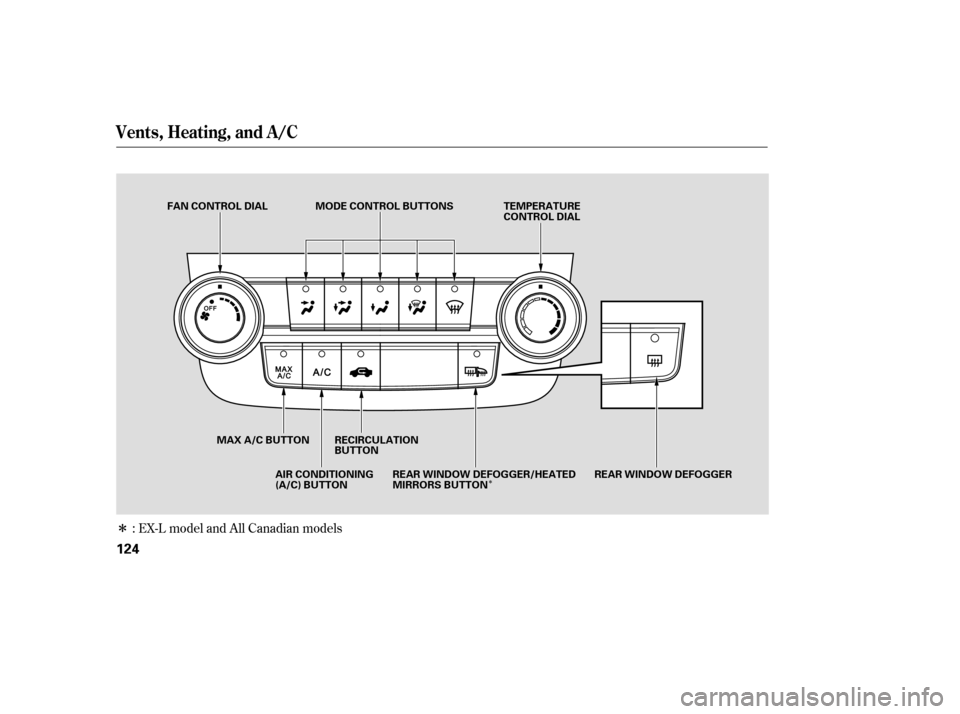 HONDA CR-V 2007 RD1-RD5, RE7 / 3.G Owners Manual Î
Î: EX-L model and All Canadian models
Vents, Heating, and A/C
124
TEMPERATURE
CONTROL DIAL
AIR CONDITIONING
(A/C) BUTTON
FAN CONTROL DIAL
MAX A/C BUTTON RECIRCULATION BUTTON
REAR WINDOW DEFOGGER