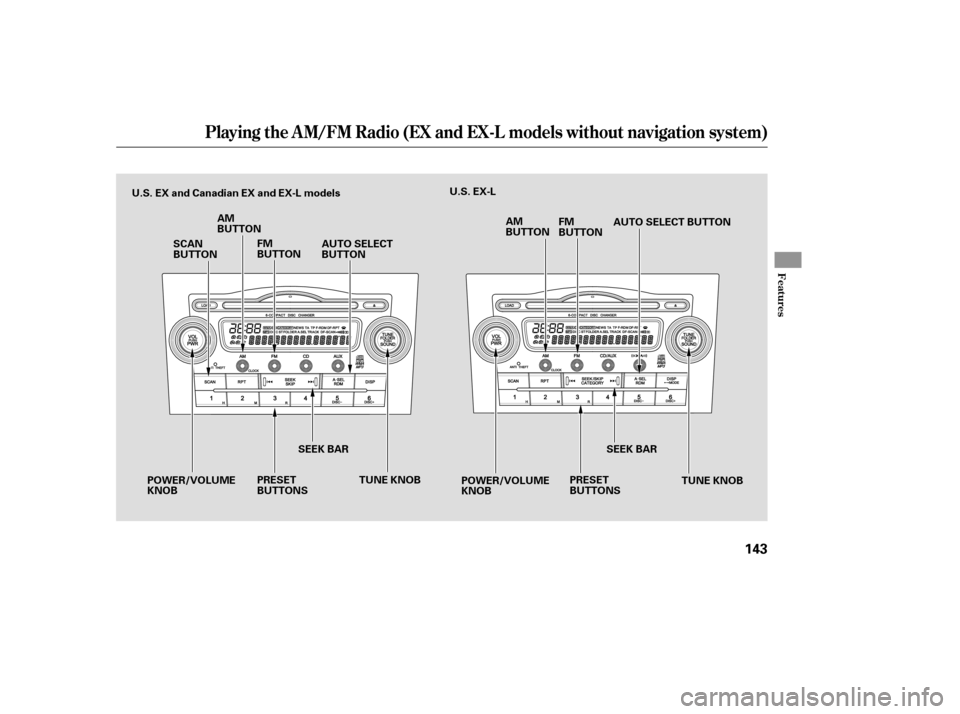 HONDA CR-V 2007 RD1-RD5, RE7 / 3.G Owners Manual Playing the AM/FM Radio (EX and EX-L models without navigation system)
Features
143
SCAN
BUTTONAUTO SELECT
BUTTON
AM
BUTTON
FM
BUTTON AUTO SELECT BUTTON
PRESET
BUTTONS TUNE KNOB
PRESET
BUTTONS
POWER/V