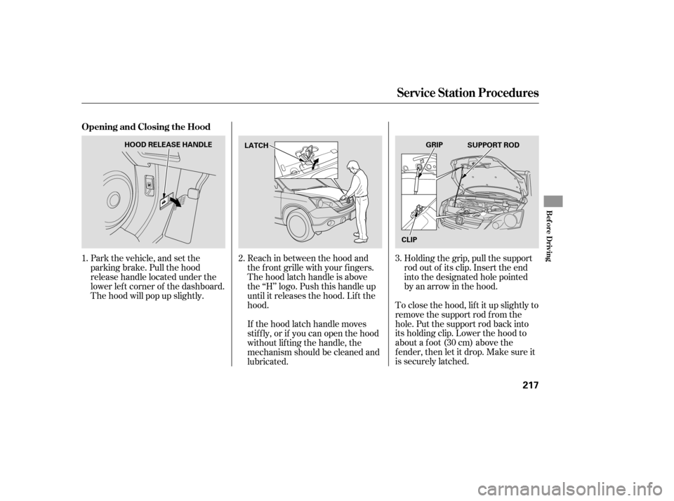 HONDA CR-V 2007 RD1-RD5, RE7 / 3.G Owners Manual To close the hood, lif t it up slightly to
remove the support rod f rom the
hole. Put the support rod back into
its holding clip. Lower the hood to
about a f oot (30 cm) above the
f ender, then let it