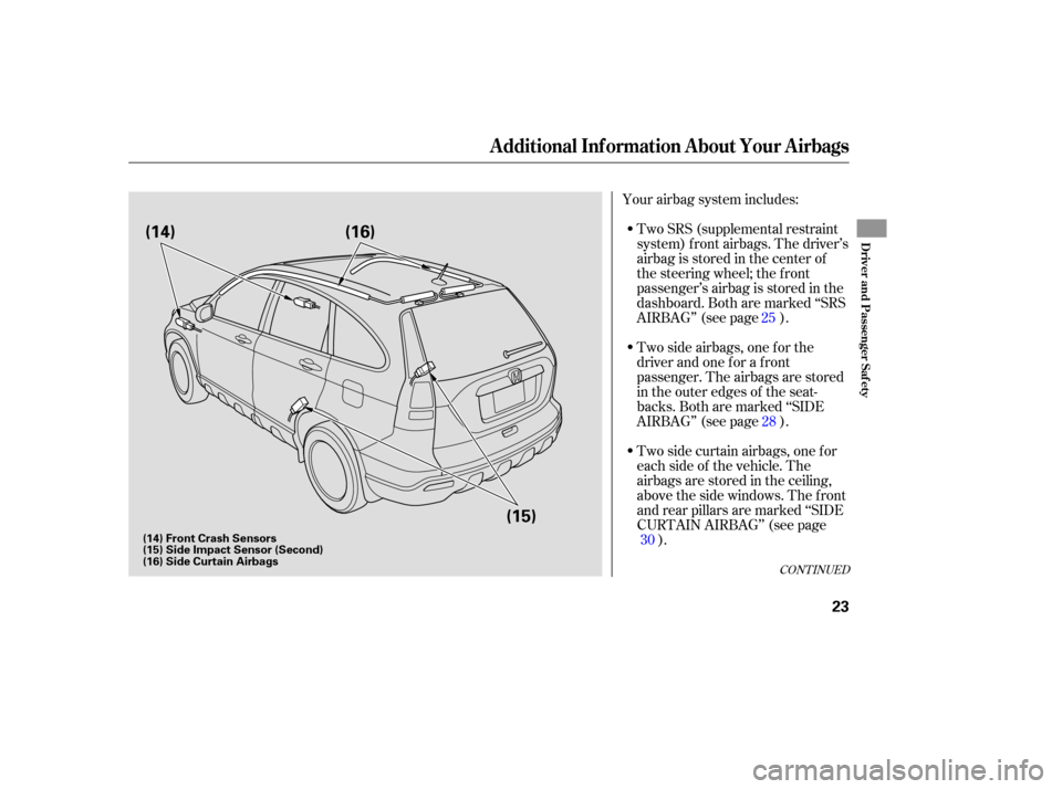 HONDA CR-V 2007 RD1-RD5, RE7 / 3.G Owners Manual Your airbag  system  includes:
Two  SRS (supplemental  restraint
system)  front airbags.  The driver’s
airbag  is stored  in the  center  of
the  steering  wheel; the front
passenger’sairbagisstor