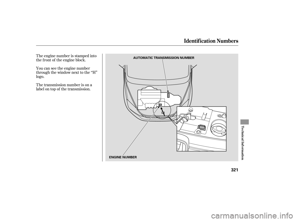 HONDA CR-V 2007 RD1-RD5, RE7 / 3.G Owners Manual The engine number is stamped into
the f ront of the engine block.
You can see the engine number
through the window next to the ‘‘H’’
logo.
The transmission number is on a
label on top of the t