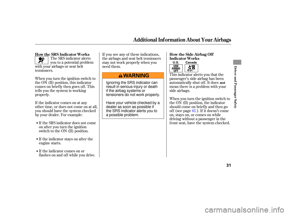 HONDA CR-V 2007 RD1-RD5, RE7 / 3.G Owners Manual The SRS indicator alerts
you to a poten tial problem
with your airbags or seat belt
tensioners.
Wh en you turn the ignition switch to
the ON (II) position, this indicator
comes on briefl HONDA CR-V 2007 RD1-RD5, RE7 / 3.G Owners Manual The SRS indicator alerts
you to a poten tial problem
with your airbags or seat belt
tensioners.
Wh en you turn the ignition switch to
the ON (II) position, this indicator
comes on briefl