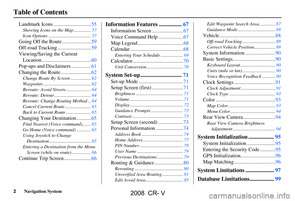 HONDA CR-V 2008 RD1-RD5, RE7 / 3.G Navigation Manual 2Navigation System
Table of Contents
Landmark Icons .............................55
Showing Icons on the Map...............57 
Icon Options ....................................57
Going Off the Route .