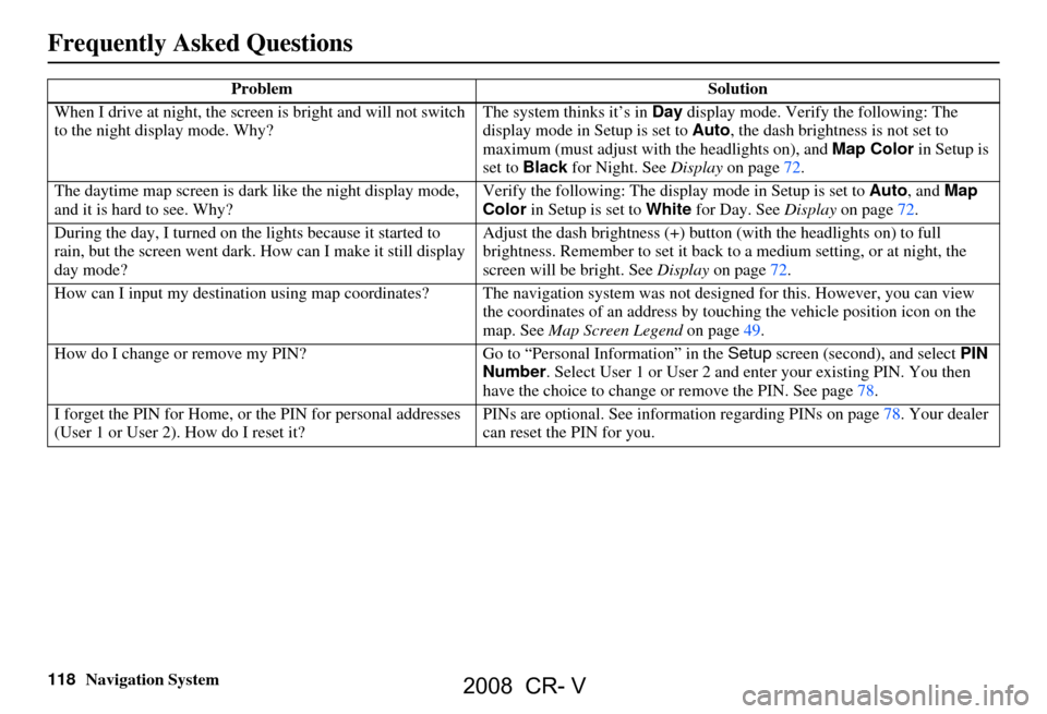 HONDA CR-V 2008 RD1-RD5, RE7 / 3.G Navigation Manual 118Navigation System
When I drive at night, the screen 
is bright and will not switch 
to the night display mode. Why? The system thinks it’s in 
Day display mode. Verify the following: The 
display