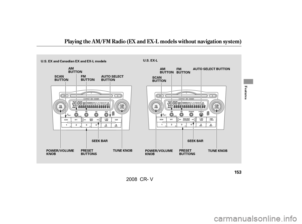 HONDA CR-V 2008 RD1-RD5, RE7 / 3.G Owners Manual Playing the AM/FM Radio (EX and EX-L models without navigation system)
Features
153
SCAN 
BUTTONAUTO SELECT
BUTTON
AM
BUTTON
FM
BUTTON AUTO SELECT BUTTON
PRESET
BUTTONS PRESET
BUTTONS
POWER/VOLUME
KNO