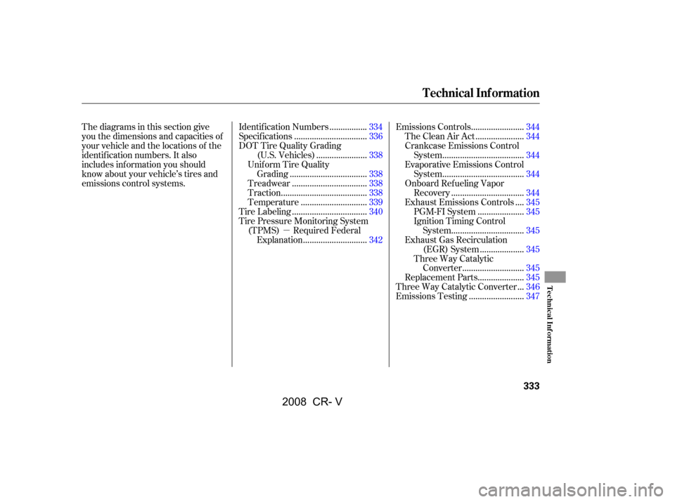 HONDA CR-V 2008 RD1-RD5, RE7 / 3.G Owners Manual µ
Thediagramsinthissectiongive 
you the dimensions and capacities of
your vehicle and the locations of the
identif ication numbers. It also 
includes inf ormation you should
know about your vehicle