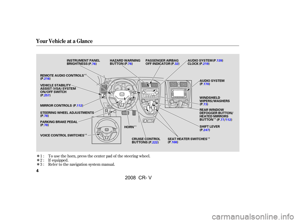 HONDA CR-V 2008 RD1-RD5, RE7 / 3.G Owners Manual Î 
Î
Î
ÎÎ Î
ÎÎ
To use the horn, press the center pad of the steering wheel.
If equipped.
Ref er to the navigation system manual.
1:
2:
3:
Your Vehicle at a Glance
4
INSTRUMENT PANEL 
B