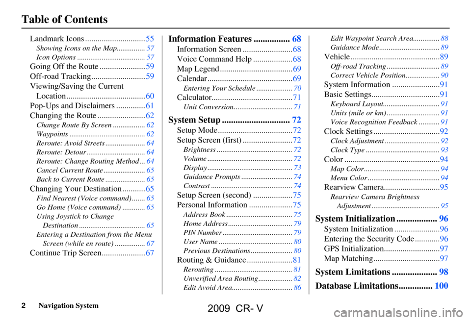 HONDA CR-V 2009 RD1-RD5, RE7 / 3.G Navigation Manual 2Navigation System
Table of Contents
Landmark Icons .............................55
Showing Icons on the Map...............57 
Icon Options ....................................57
Going Off the Route .