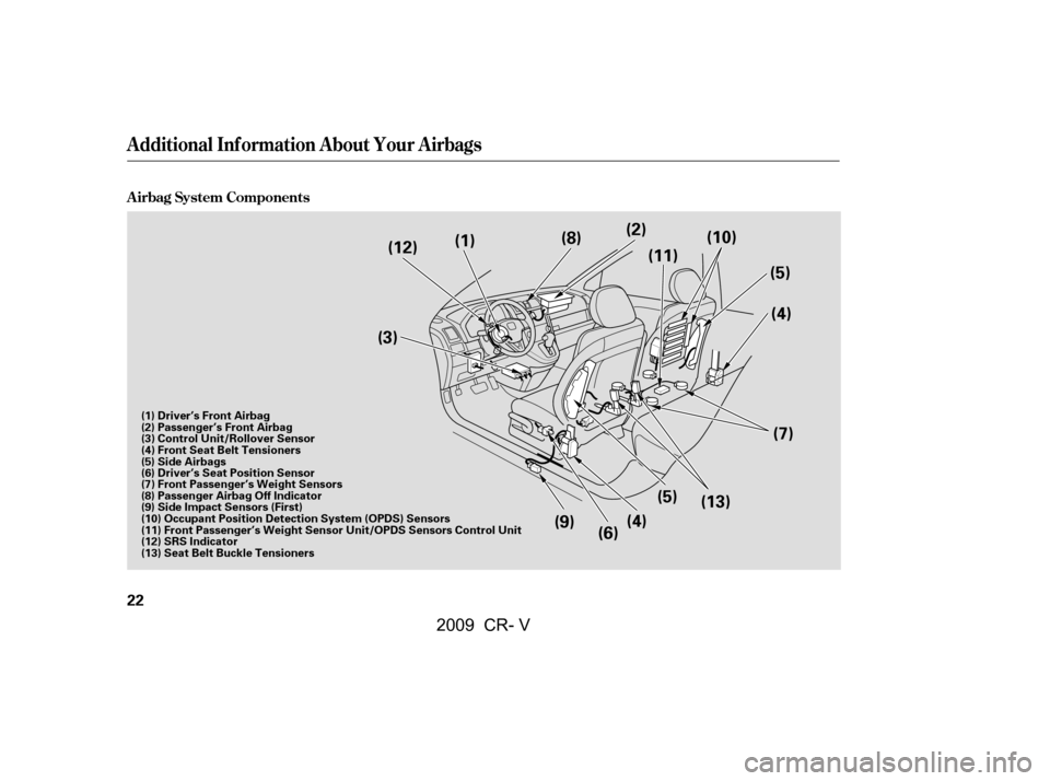 HONDA CR-V 2009 RD1-RD5, RE7 / 3.G Owners Manual A irbag System Components
Additional Inf ormation About Your Airbags
22
(1)(2)
(3)
(4)(5)
(6) (5)
(4)
(12)
(8)
(11)(10)
(7)
(13)
(9)
(1) Driver’s Front Airbag 
(2) Passenger’s Front Airbag
(3) Con