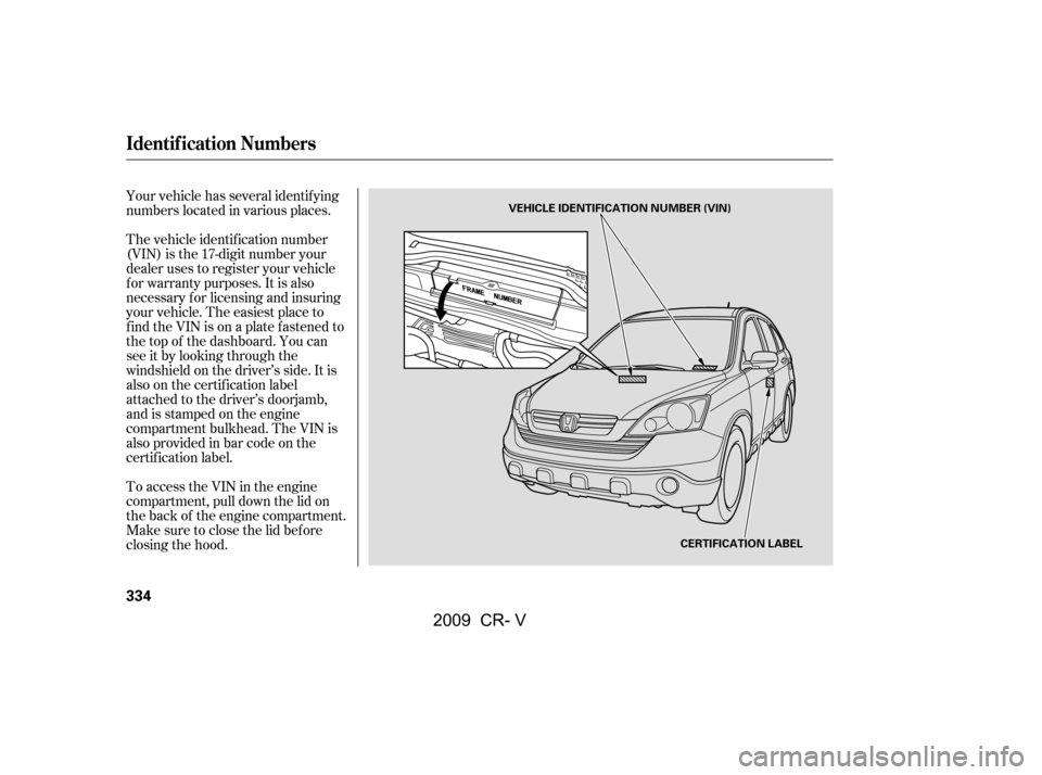 HONDA CR-V 2009 RD1-RD5, RE7 / 3.G Owners Manual Your vehicle has several identif ying 
numbers located in various places. 
The vehicle identif ication number 
(VIN) is the 17-digit number your
dealer uses to register your vehicle
f or warranty purp