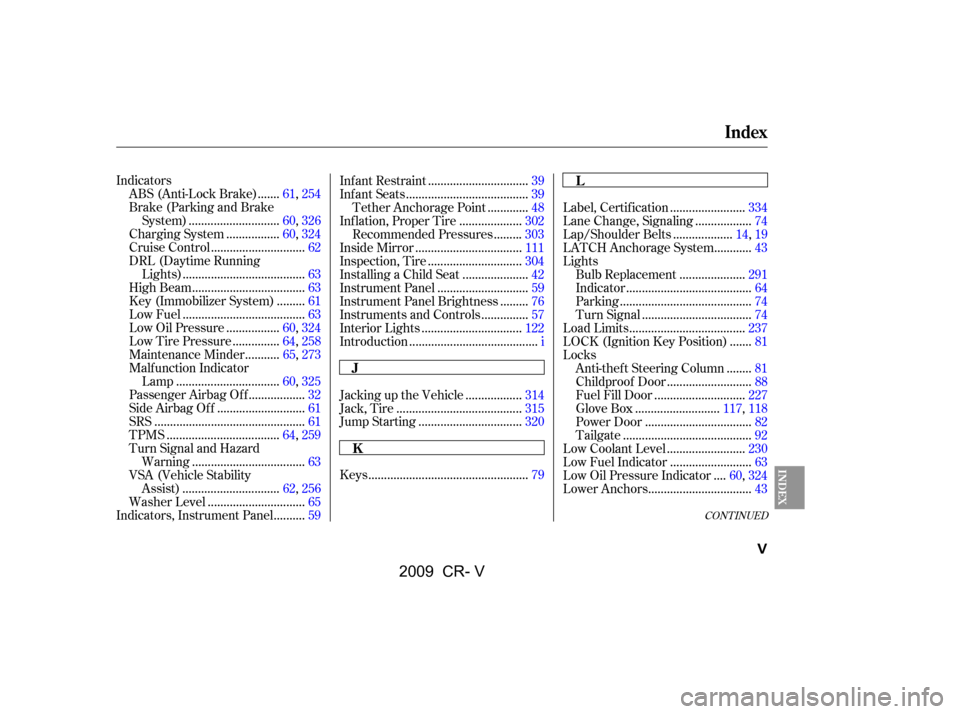 HONDA CR-V 2009 RD1-RD5, RE7 / 3.G Owners Manual 
CONT INUED
..................................................
Keys .79
Indicators
......
ABS (Anti-Lock Brake) .61,254
Brake (Parking and Brake
............................
System) .60,326
..........