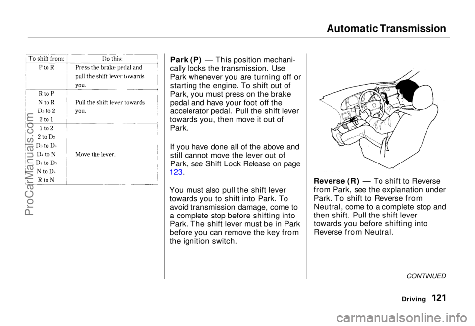 HONDA ODYSSEY 1995  Owners Manual Automatic Transmission

Park (P) — This position mechani-
cally locks the transmission. Use
Park whenever you are turning off or starting the engine. To shift out of
Park, you must press on the brak