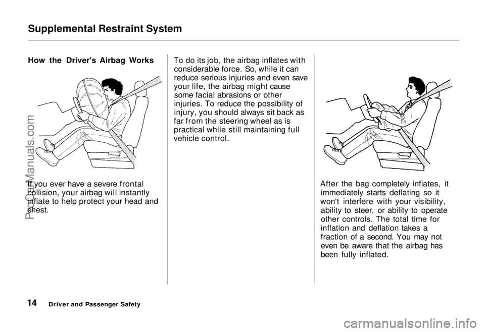HONDA ODYSSEY 1995 User Guide Supplemental Restraint System
How the Driver's Airbag Works
If you

 ever have a severe frontal
collision, your airbag will instantly
inflate to help protect your head and

chest.
 To do its job, 