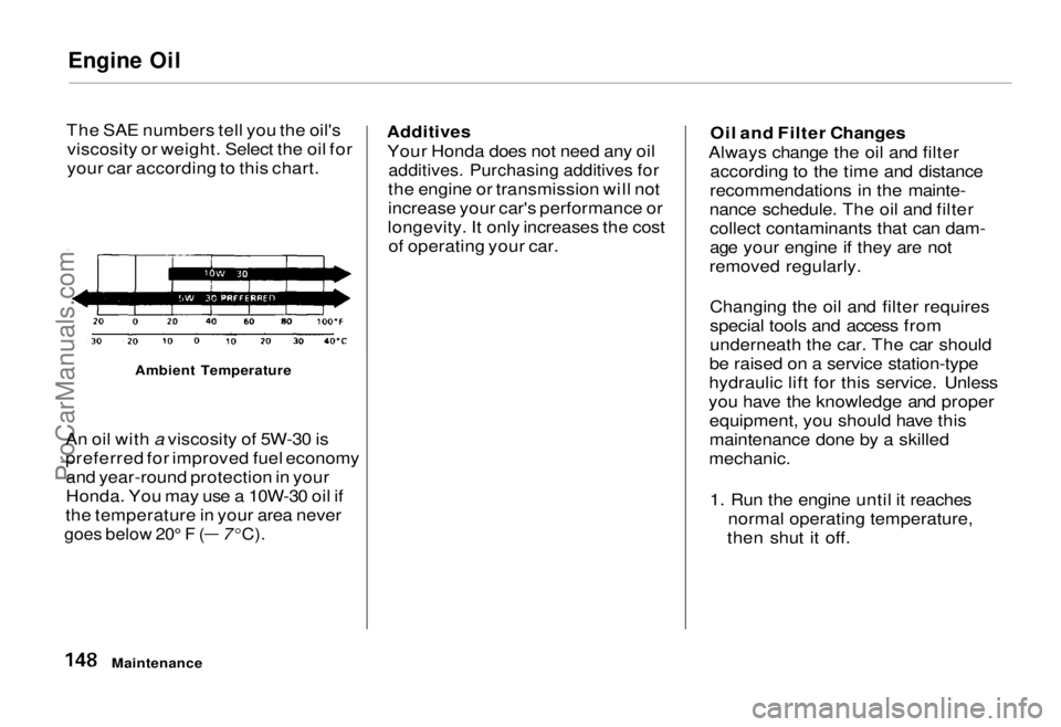 HONDA ODYSSEY 1995 Owners Manual Engine Oil
The SAE numbers tell you the oil's viscosity or weight. Select the oil for
your car according to this chart.
Ambient Temperature
An oil with a viscosity of 5W-30 is
preferred for impro HONDA ODYSSEY 1995 Owners Manual Engine Oil
The SAE numbers tell you the oil's viscosity or weight. Select the oil for
your car according to this chart.
Ambient Temperature
An oil with a viscosity of 5W-30 is
preferred for impro