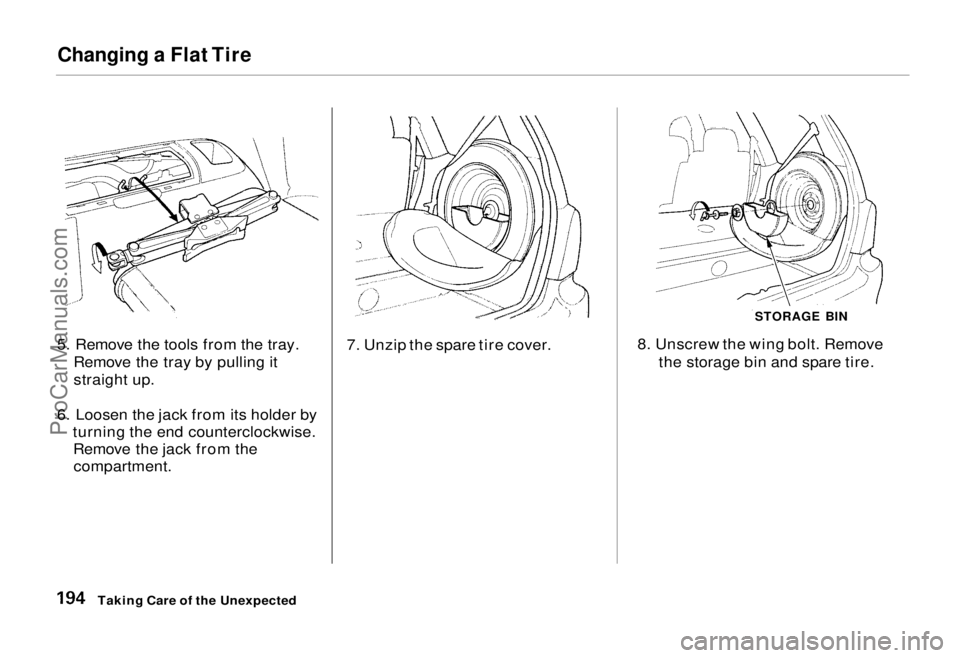HONDA ODYSSEY 1995 Owners Manual Changing a Flat Tire
5. Remove the tools from the tray. Remove the tray by pulling it
straight up.
6. Loosen the jack from its holder by turning the end counterclockwise.Remove the jack from thecompa HONDA ODYSSEY 1995 Owners Manual Changing a Flat Tire
5. Remove the tools from the tray. Remove the tray by pulling it
straight up.
6. Loosen the jack from its holder by turning the end counterclockwise.Remove the jack from thecompa