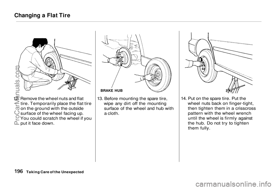 HONDA ODYSSEY 1995 Owners Manual
Changing a Flat Tire
12. Remove the wheel nuts and flat tire. Temporarily place the flat tire on the ground with the outside
surface of the wheel facing up.
You could scratch the wheel if you pu HONDA ODYSSEY 1995 Owners Manual
Changing a Flat Tire
12. Remove the wheel nuts and flat tire. Temporarily place the flat tire on the ground with the outside
surface of the wheel facing up.
You could scratch the wheel if you pu