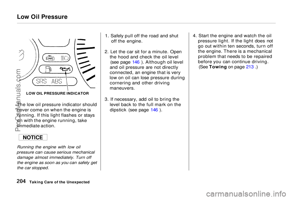 HONDA ODYSSEY 1995  Owners Manual Low Oil Pressure

The low oil pressure indicator should
never come on when the engine is
running. If
  this light flashes or stays
on with the engine running, take
immediate action.

Running the engin