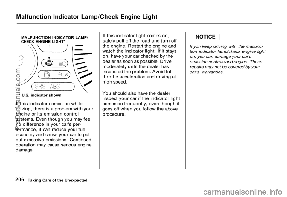 HONDA ODYSSEY 1995  Owners Manual 
Malfunction Indicator Lamp/Check Engine Light
MALFUNCTION INDICATOR LAMP/
CHECK ENGINE LIGHT*
* U.S. indicator shown

If this indicator comes on while
driving, there is a problem with your
engine or 