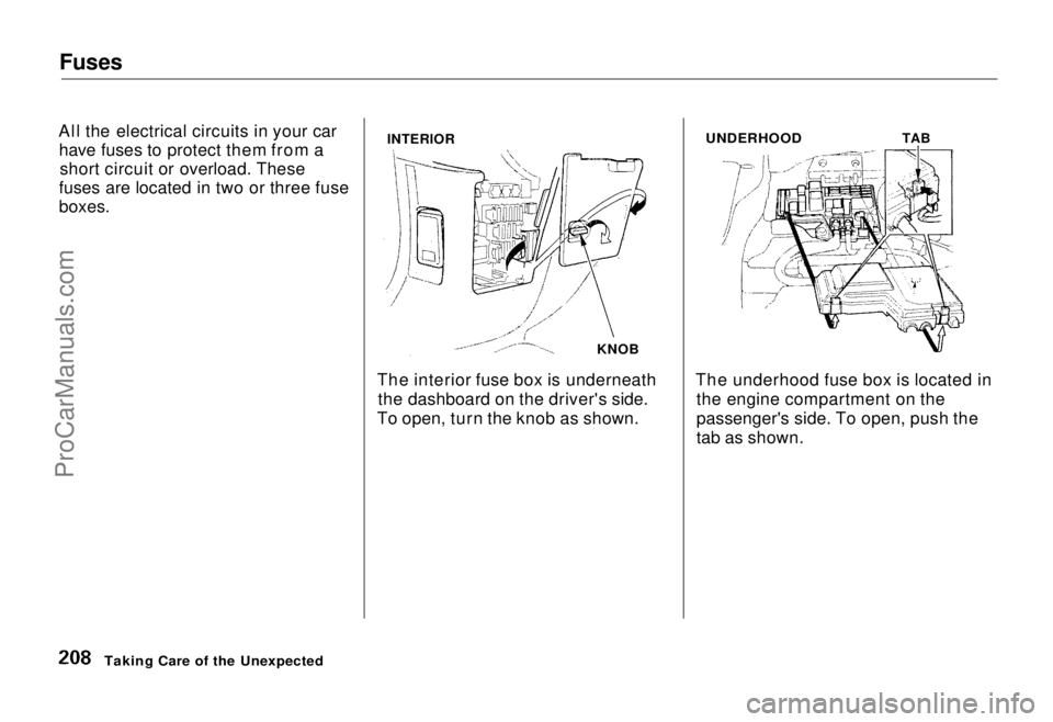 HONDA ODYSSEY 1995  Owners Manual Fuses

All the electrical circuits in your car have fuses to protect them from a short circuit or overload. These
fuses are located in two or three fuse
boxes.
The interior fuse box is underneaththe d