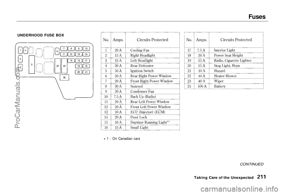 HONDA ODYSSEY 1995  Owners Manual Fuses

UNDERHOOD FUSE BOX

* 1 : On Canadian cars

CONTINUED

Taking Care of the UnexpectedProCarManuals.comMain Menu Table of Contents s t   