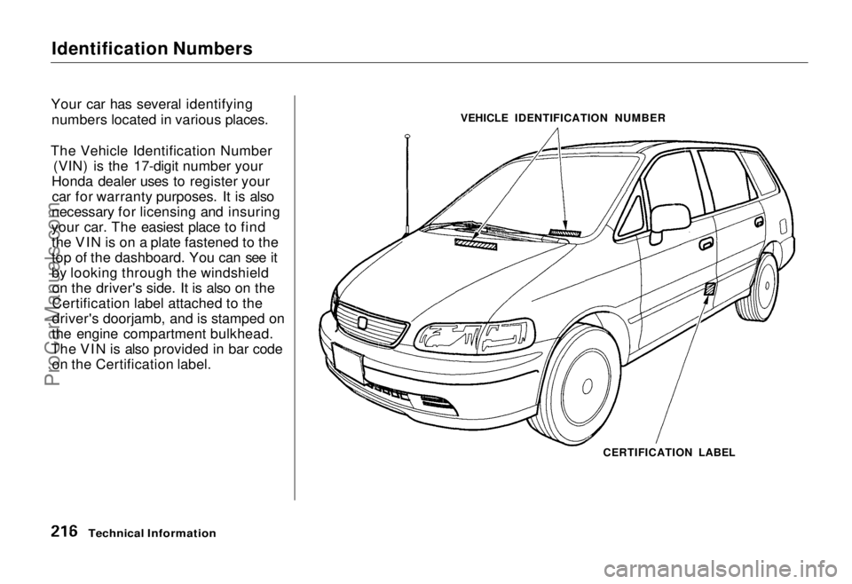 HONDA ODYSSEY 1995 Owners Manual Identification Numbers
Your car has several identifying numbers located in various places.
The Vehicle Identification Number (VIN) is the 17-digit number your
Honda dealer uses to register your car f HONDA ODYSSEY 1995 Owners Manual Identification Numbers
Your car has several identifying numbers located in various places.
The Vehicle Identification Number (VIN) is the 17-digit number your
Honda dealer uses to register your car f