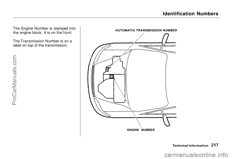 HONDA ODYSSEY 1995 Owners Manual
Identification Numbers
The Engine Number is stamped into the engine block. It is on the front.
The Transmission Number is on a label on top of the transmission.
Technical Information
AUTOMATIC TRAN HONDA ODYSSEY 1995 Owners Manual
Identification Numbers
The Engine Number is stamped into the engine block. It is on the front.
The Transmission Number is on a label on top of the transmission.
Technical Information
AUTOMATIC TRAN
