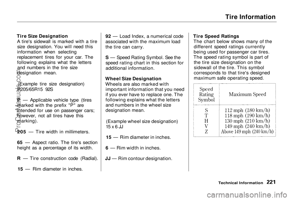 HONDA ODYSSEY 1995 Owners Manual Tire Information
Tire Size Designation A tire's sidewall is marked with a tiresize designation. You will need this
information when selecting
replacement tires for your car. The
following explain HONDA ODYSSEY 1995 Owners Manual Tire Information
Tire Size Designation A tire's sidewall is marked with a tiresize designation. You will need this
information when selecting
replacement tires for your car. The
following explain
