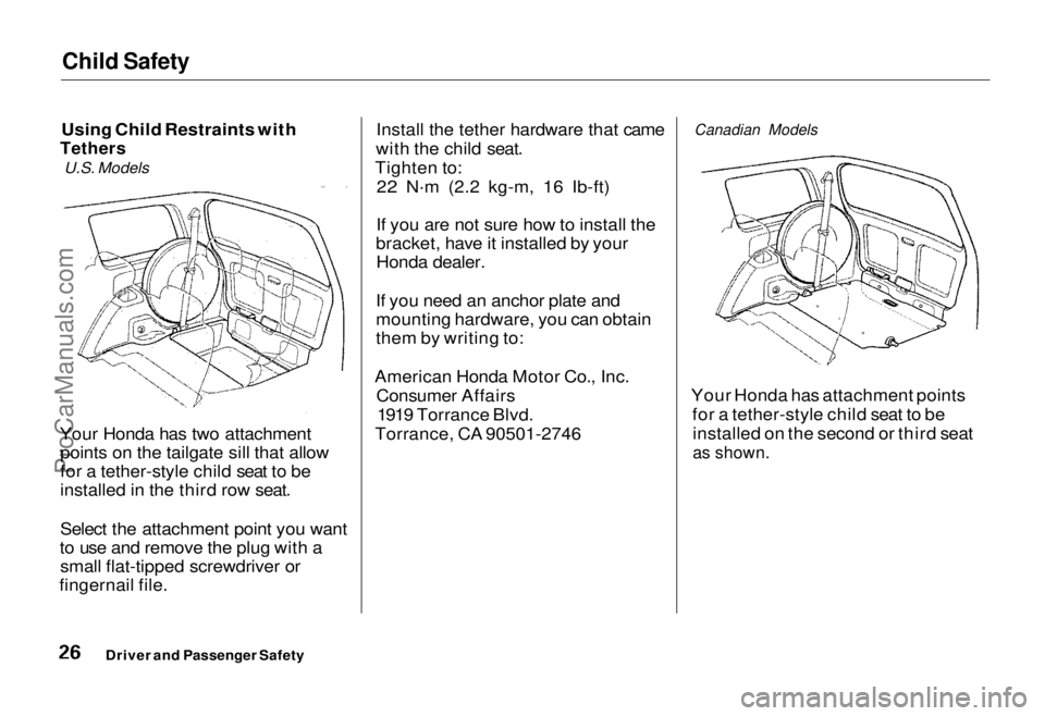 HONDA ODYSSEY 1995 Owners Manual Child Safety

Using Child Restraints with

Tethers

U.S. Models

Your Honda has two attachment points on the tailgate sill that allow
for a tether-style child seat to be
installed in the third row sea