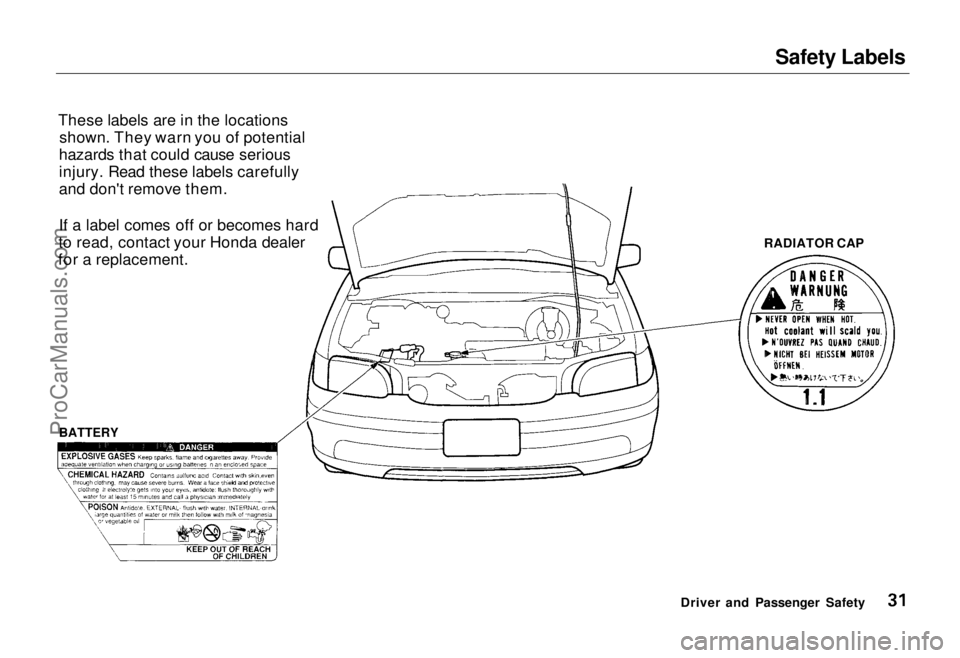 HONDA ODYSSEY 1995 Owners Guide Safety Labels

These labels are in the locations shown. They warn you of potential
hazards that could cause serious
injury. Read these labels carefully
and don't remove them.
If a label comes off 