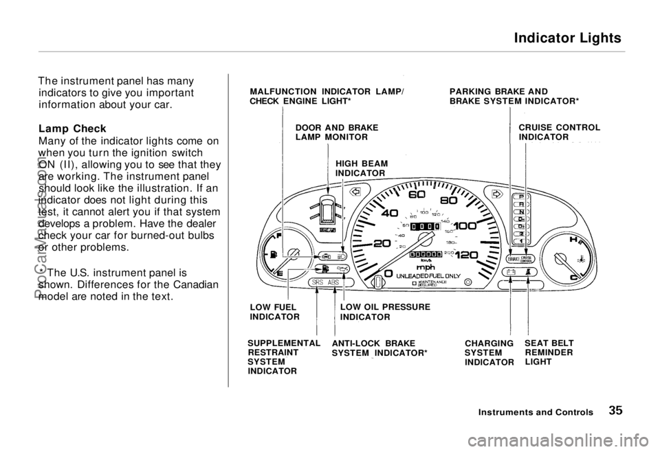 HONDA ODYSSEY 1995 Owners Manual Indicator Lights
The instrument panel has many indicators to give you important
information about your car.
Lamp Check
Many of the indicator lights come on
when you turn the ignition switch ON (II), HONDA ODYSSEY 1995 Owners Manual Indicator Lights
The instrument panel has many indicators to give you important
information about your car.
Lamp Check
Many of the indicator lights come on
when you turn the ignition switch ON (II),