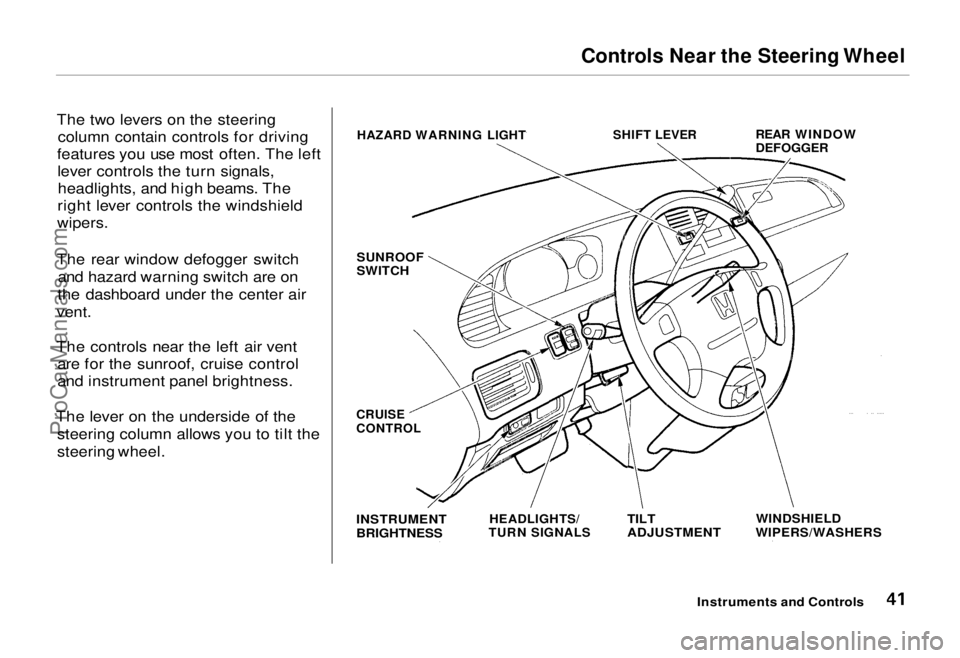 HONDA ODYSSEY 1995 Service Manual Controls Near the Steering Wheel

The two levers on the steering column contain controls for driving
features you use most often. The left lever controls the turn signals,headlights, and high beams. T