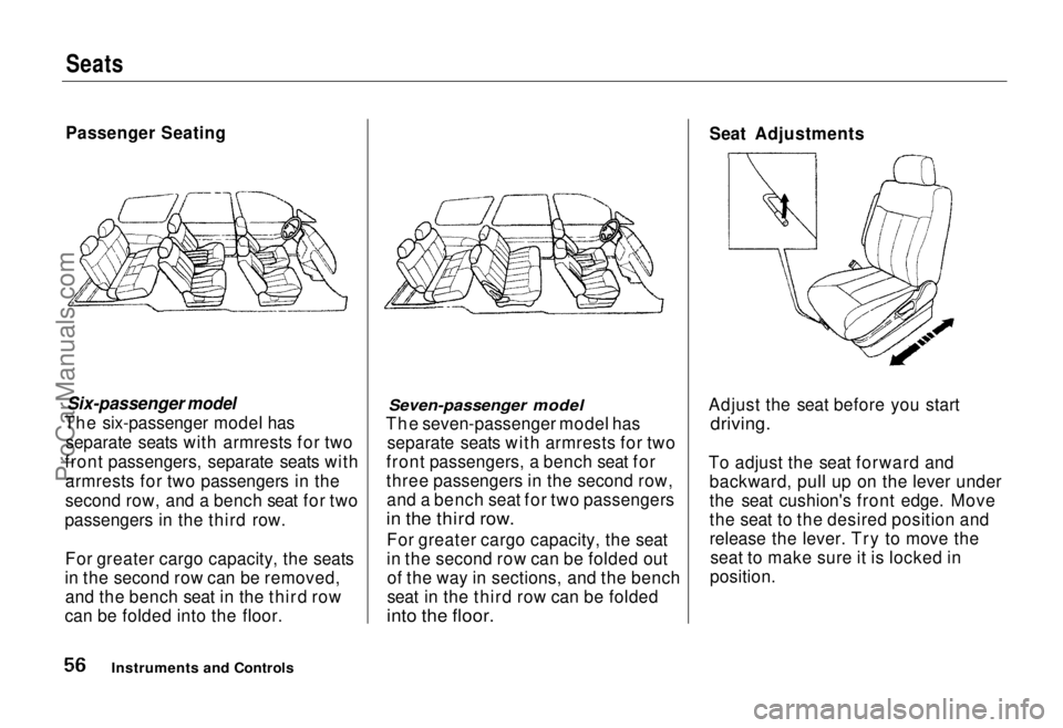 HONDA ODYSSEY 1995 Workshop Manual
Seats
Passenger Seating
Six-passenger model
The six-passenger
model has
separate seats with armrests for two
front passengers, separate seats with armrests for two passengers in the
second row, HONDA ODYSSEY 1995 Workshop Manual
Seats
Passenger Seating
Six-passenger model
The six-passenger
model has
separate seats with armrests for two
front passengers, separate seats with armrests for two passengers in the
second row,