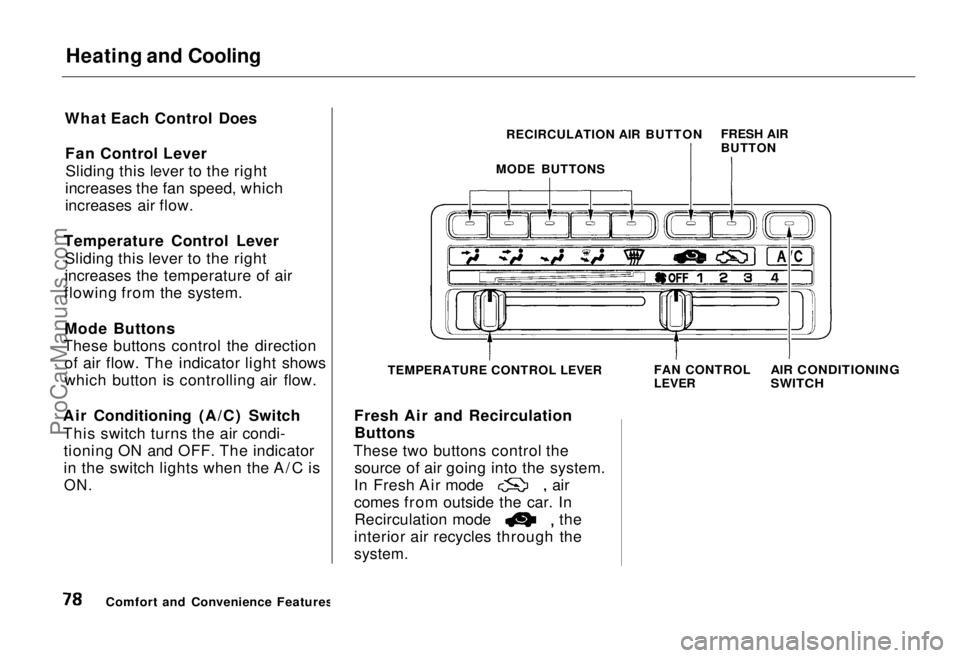 HONDA ODYSSEY 1995 Manual PDF Heating and Cooling
What Each Control Does Fan Control LeverSliding this lever to the right
increases the fan speed, which
increases air flow.
Temperature Control Lever Sliding this lever to the righ HONDA ODYSSEY 1995 Manual PDF Heating and Cooling
What Each Control Does Fan Control LeverSliding this lever to the right
increases the fan speed, which
increases air flow.
Temperature Control Lever Sliding this lever to the righ