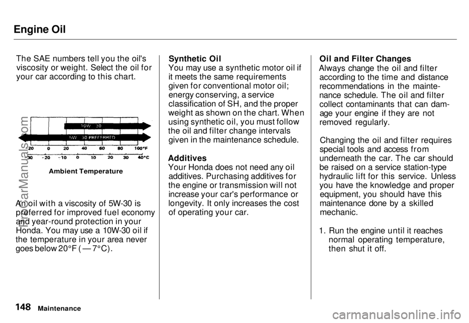 HONDA ODYSSEY 1996 Owners Manual Engine Oil
The SAE numbers tell you the oil'sviscosity or weight. Select the oil for
your car according to this chart.
Ambient Temperature
An oil with a viscosity of 5W-30 is preferred for impro HONDA ODYSSEY 1996 Owners Manual Engine Oil
The SAE numbers tell you the oil'sviscosity or weight. Select the oil for
your car according to this chart.
Ambient Temperature
An oil with a viscosity of 5W-30 is preferred for impro