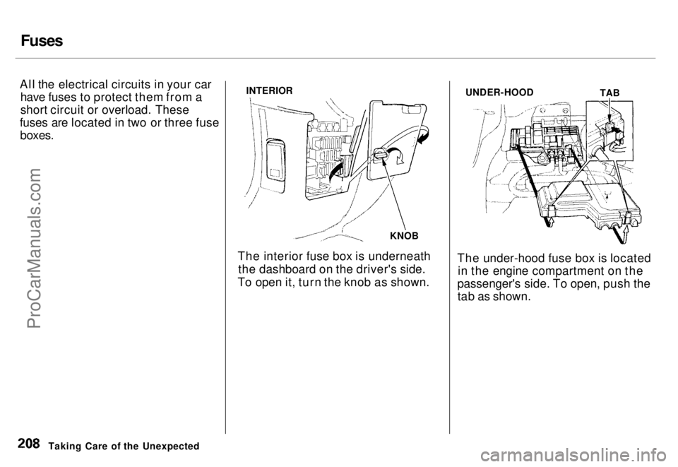 HONDA ODYSSEY 1996  Owners Manual Fuses

All the electrical circuits in your car have fuses to protect them from a
short circuit or overload. These
fuses are located in two or three fuse
 boxes.
 INTERIOR
KNOB
The interior fuse box is