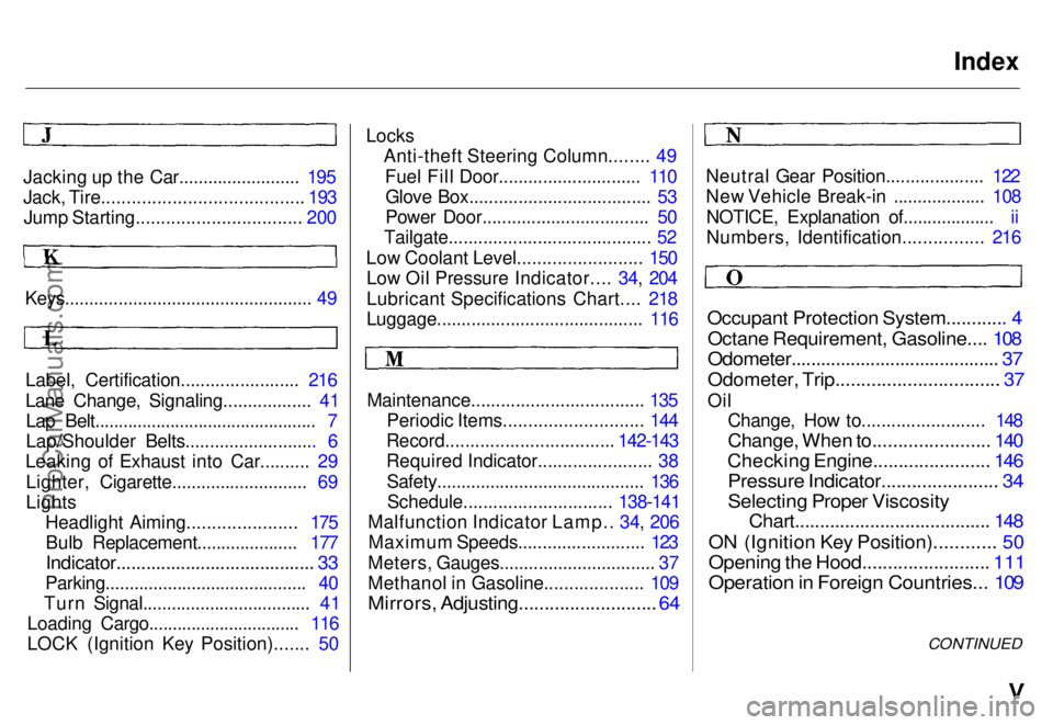 HONDA ODYSSEY 1996  Owners Manual 
Index
Jacking up the Car......................... 195

Jack, Tire........................................ 193
 Jump Starting................................. 200
Keys.................................