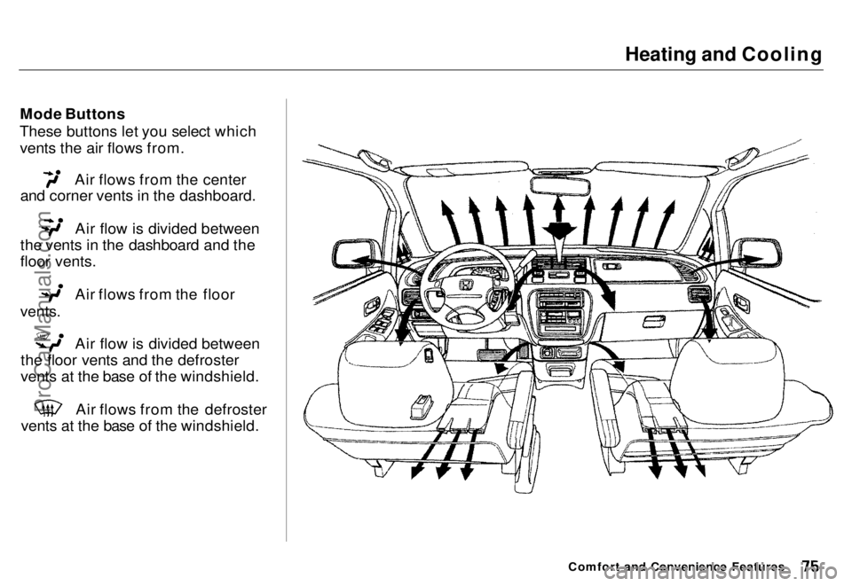 HONDA ODYSSEY 1996 Manual PDF Heating and Cooling
Mode Buttons
These buttons let you select which vents the air flows from. Air flows from the center
and corner vents in the dashboard. Air flow is divided between
the vents in the HONDA ODYSSEY 1996 Manual PDF Heating and Cooling
Mode Buttons
These buttons let you select which vents the air flows from. Air flows from the center
and corner vents in the dashboard. Air flow is divided between
the vents in the