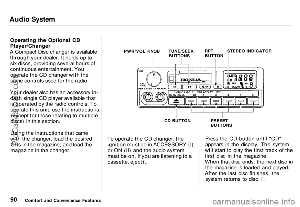 HONDA ODYSSEY 1996  Owners Manual Audio System

Operating the Optional CD
Player/Changer
A Compact Disc changer is available through your dealer. It holds up to six discs, providing several hours of
continuous entertainment. You opera