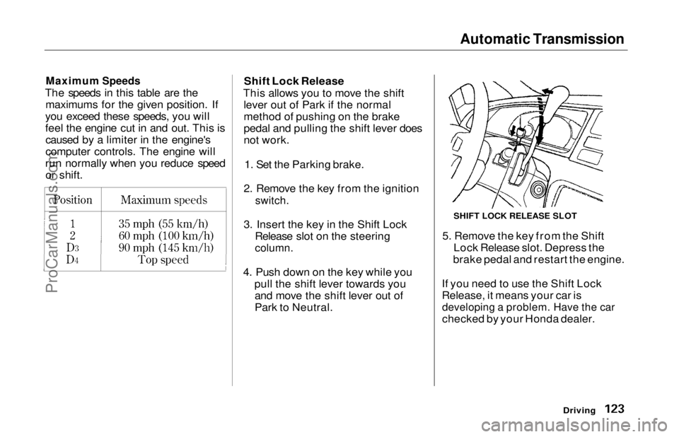 HONDA ODYSSEY 1997 Owners Manual Automatic Transmission
Maximum Speeds
The speeds in this table are the maximums for the given position. If
you exceed these speeds, you will
feel the engine cut in and out. This is caused by a limit HONDA ODYSSEY 1997 Owners Manual Automatic Transmission
Maximum Speeds
The speeds in this table are the maximums for the given position. If
you exceed these speeds, you will
feel the engine cut in and out. This is caused by a limit