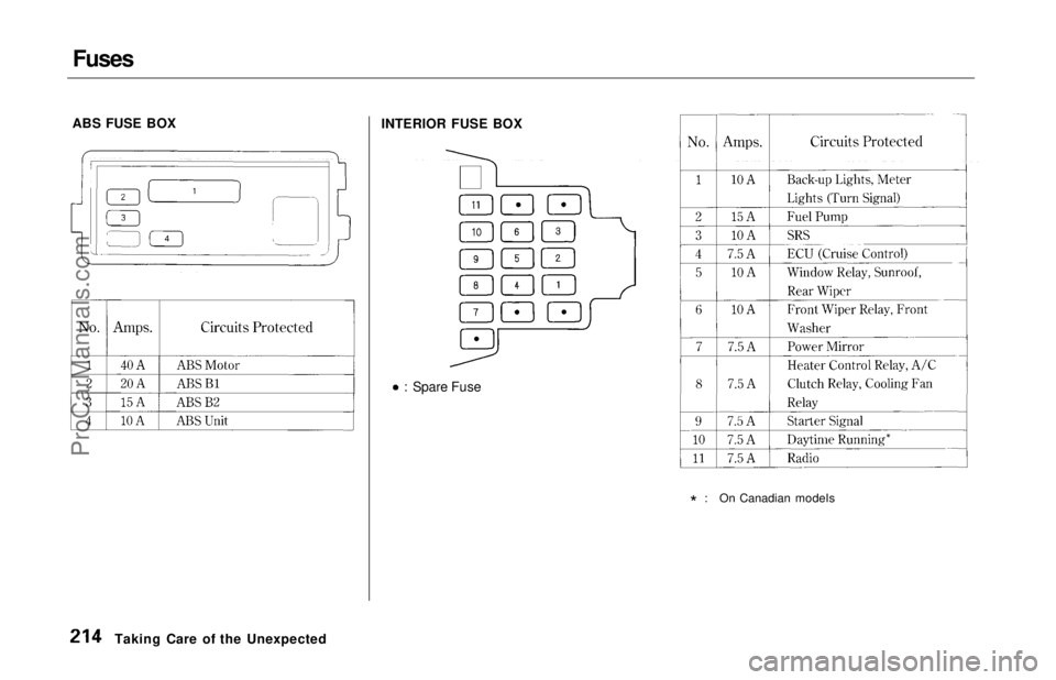 HONDA ODYSSEY 1997 Owners Manual Fuses
ABS FUSE BOX INTERIOR FUSE BOX
: Spare Fuse * : On Canadian models
Taking Care of the UnexpectedProCarManuals.comMain Menu Table of Contents s t HONDA ODYSSEY 1997 Owners Manual Fuses
ABS FUSE BOX INTERIOR FUSE BOX
: Spare Fuse * : On Canadian models
Taking Care of the UnexpectedProCarManuals.comMain Menu Table of Contents s t