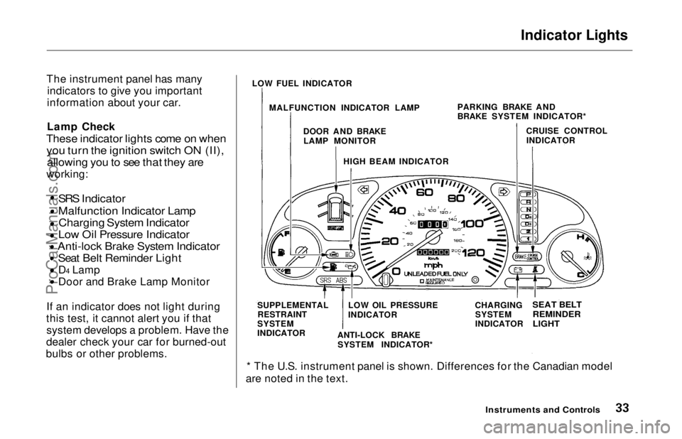 HONDA ODYSSEY 1997 Owners Guide Indicator Lights
The instrument panel has many indicators to give you important
information about your car.
Lamp Check
These indicator lights come on when
you turn the ignition switch ON (II),
all HONDA ODYSSEY 1997 Owners Guide Indicator Lights
The instrument panel has many indicators to give you important
information about your car.
Lamp Check
These indicator lights come on when
you turn the ignition switch ON (II),
all