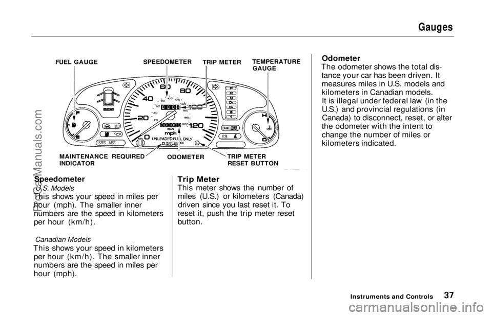 HONDA ODYSSEY 1997 Owners Guide
Gauges
Speedometer
U.S. Models
This shows your speed in miles per hour (mph). The smaller inner
numbers are the speed in kilometers
per hour (km/h).
Canadian Models
This shows your speed in kilomet HONDA ODYSSEY 1997 Owners Guide
Gauges
Speedometer
U.S. Models
This shows your speed in miles per hour (mph). The smaller inner
numbers are the speed in kilometers
per hour (km/h).
Canadian Models
This shows your speed in kilomet