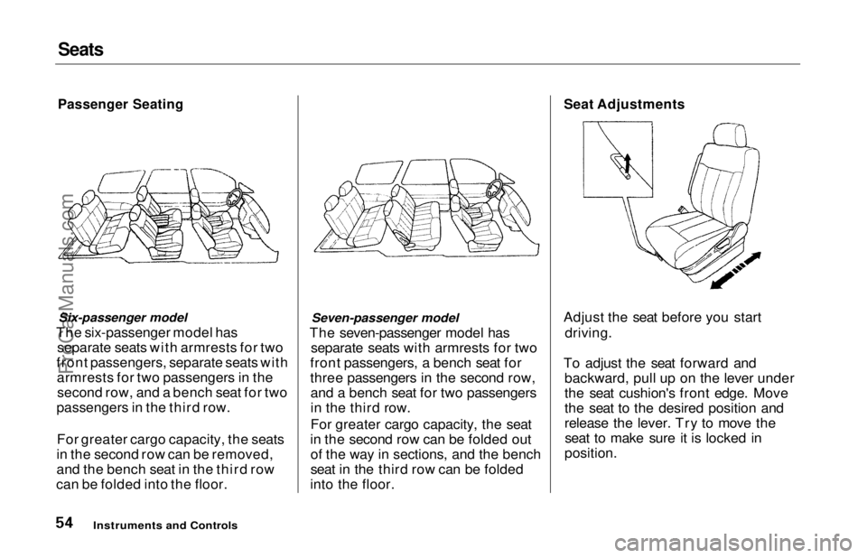 HONDA ODYSSEY 1997 Workshop Manual Seats
Passenger Seating
Six-passenger model
The six-passenger model has separate seats with armrests for two
front passengers, separate seats with armrests for two passengers in thesecond row, and a HONDA ODYSSEY 1997 Workshop Manual Seats
Passenger Seating
Six-passenger model
The six-passenger model has separate seats with armrests for two
front passengers, separate seats with armrests for two passengers in thesecond row, and a