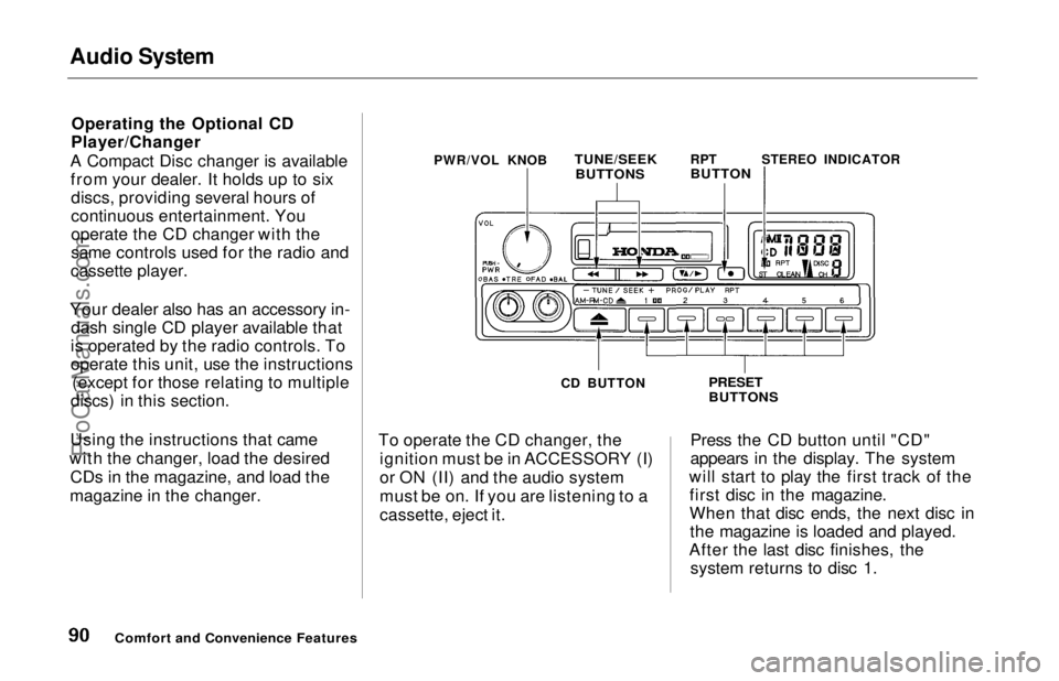 HONDA ODYSSEY 1997 Manual Online Audio System
Operating the Optional CD
Player/Changer
A Compact Disc changer is available from your dealer. It holds up to sixdiscs, providing several hours of
continuous entertainment. You
operate t HONDA ODYSSEY 1997 Manual Online Audio System
Operating the Optional CD
Player/Changer
A Compact Disc changer is available from your dealer. It holds up to sixdiscs, providing several hours of
continuous entertainment. You
operate t