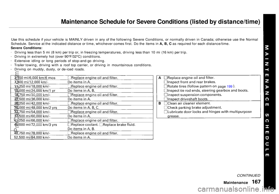HONDA ODYSSEY 1998  Owners Manual Maintenance Schedule for Severe Conditions (listed by distance/time)

Use this schedule if your vehicle is MAINLY driven in any of the following Severe Conditions, or normally driven in Canada; otherw