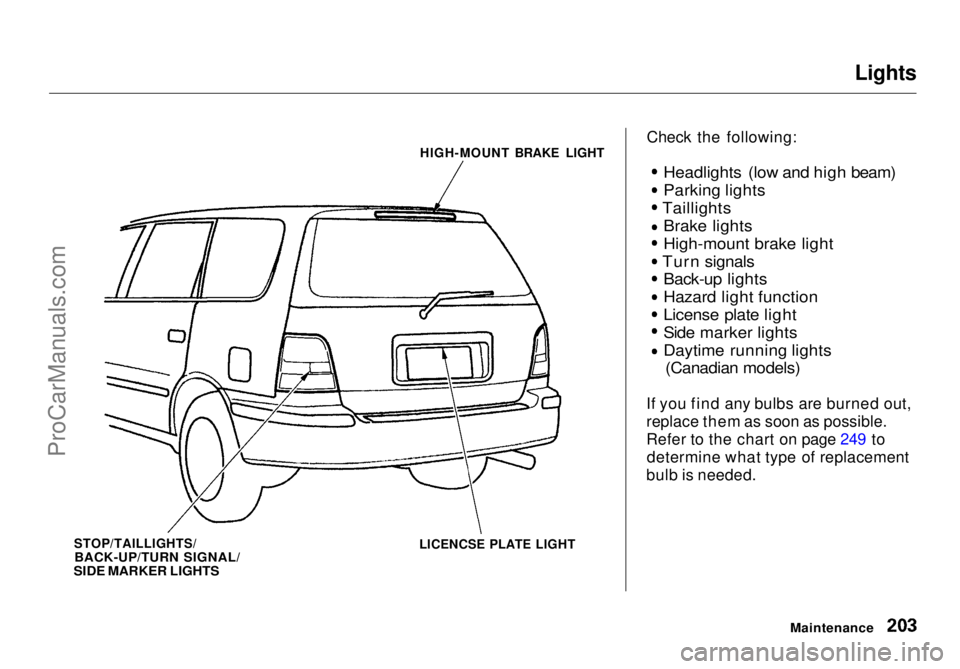 HONDA ODYSSEY 1998 Owners Manual Lights
Check the following:
Headlights (low and high beam)
Parking lights
Taillights Brake lights
High-mount brake light Turn signals
Back-up lights
Hazard light function
License plate light
Side mar HONDA ODYSSEY 1998 Owners Manual Lights
Check the following:
Headlights (low and high beam)
Parking lights
Taillights Brake lights
High-mount brake light Turn signals
Back-up lights
Hazard light function
License plate light
Side mar