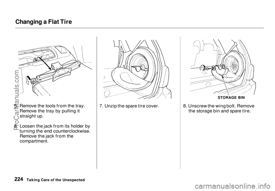 HONDA ODYSSEY 1998 Owners Manual Changing a Flat Tire
5. Remove the tools from the tray. Remove the tray by pulling itstraight up.
6. Loosen the jack from its holder by turning the end counterclockwise.Remove the jack from the
compa HONDA ODYSSEY 1998 Owners Manual Changing a Flat Tire
5. Remove the tools from the tray. Remove the tray by pulling itstraight up.
6. Loosen the jack from its holder by turning the end counterclockwise.Remove the jack from the
compa