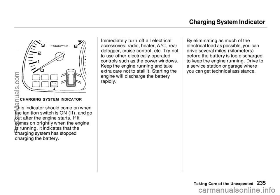 HONDA ODYSSEY 1998 Owners Manual Charging System Indicator
This indicator should come on when the ignition switch is ON (II), and goout after the engine starts. If it
comes on brightly when the engine
is running, it indicates that t HONDA ODYSSEY 1998 Owners Manual Charging System Indicator
This indicator should come on when the ignition switch is ON (II), and goout after the engine starts. If it
comes on brightly when the engine
is running, it indicates that t