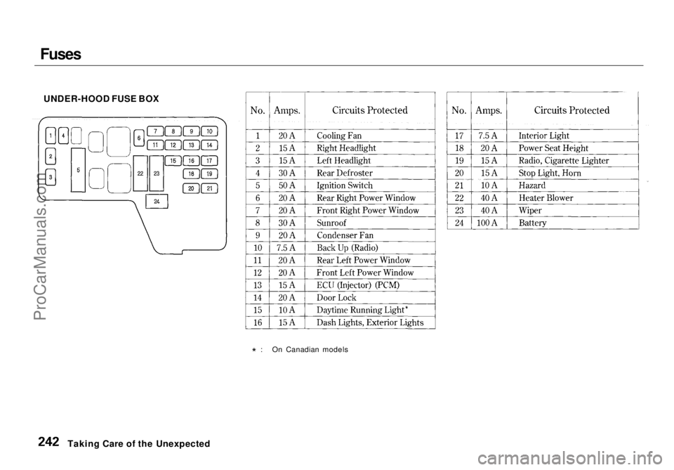 HONDA ODYSSEY 1998 Owners Manual Fuses
UNDER-HOOD FUSE BOX
* : On Canadian models
Taking Care of the UnexpectedProCarManuals.comMain Menu Table of Contents s t HONDA ODYSSEY 1998 Owners Manual Fuses
UNDER-HOOD FUSE BOX
* : On Canadian models
Taking Care of the UnexpectedProCarManuals.comMain Menu Table of Contents s t