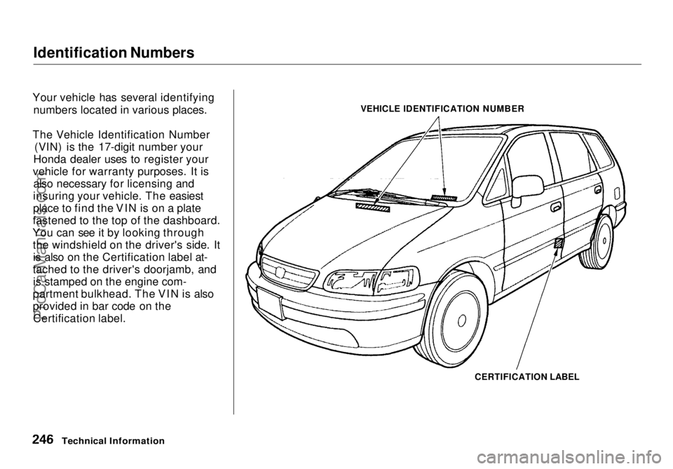 HONDA ODYSSEY 1998 Owners Manual Identification Numbers
Your vehicle has several identifying numbers located in various places.
The Vehicle Identification Number (VIN) is the 17-digit number your
Honda dealer uses to register your
v HONDA ODYSSEY 1998 Owners Manual Identification Numbers
Your vehicle has several identifying numbers located in various places.
The Vehicle Identification Number (VIN) is the 17-digit number your
Honda dealer uses to register your
v